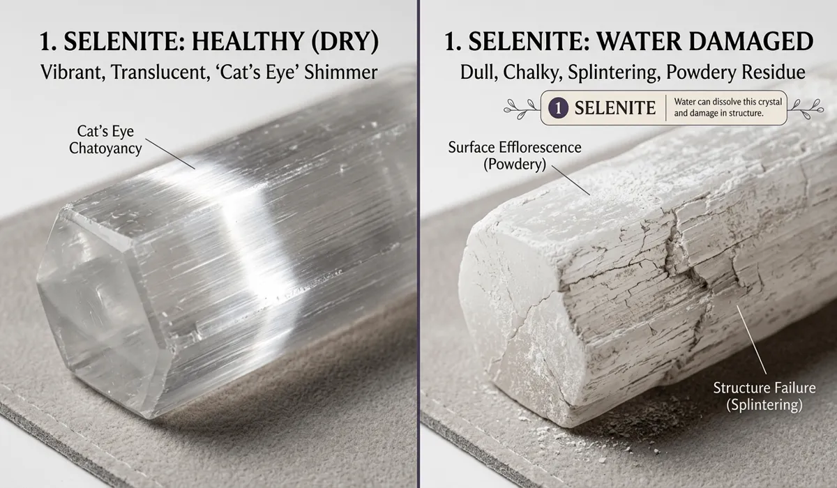 Can Selenite Go in Water? How to Clean and Care for Your Crystals Safely 4 - Buddha Bodhis Comparison of a healthy glowing Selenite crystal versus a water-damaged, dull, and powdery Selenite stone.