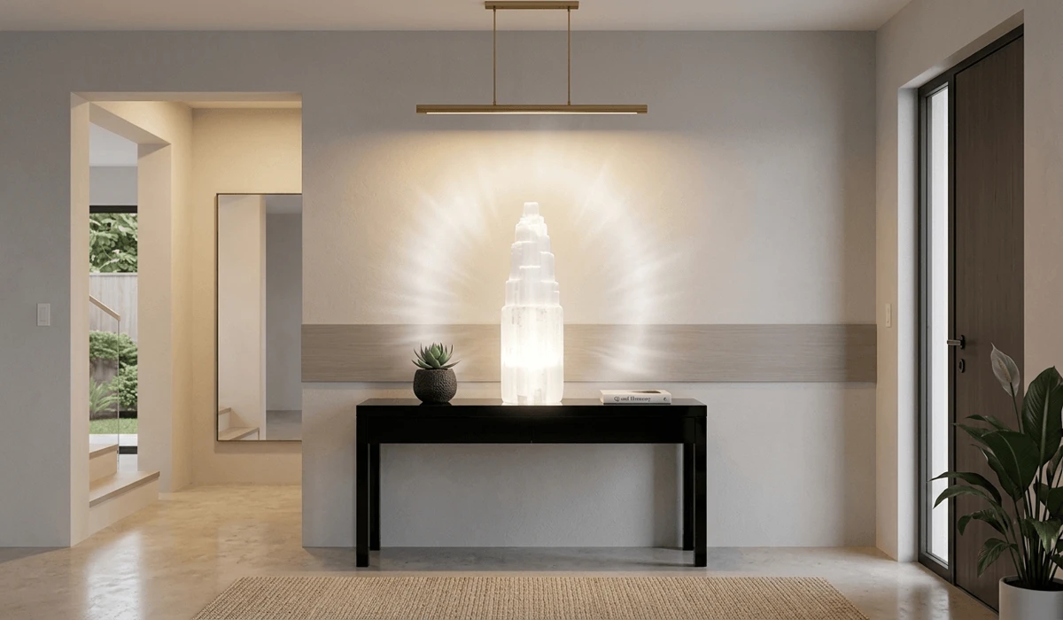Can Selenite Go in Water? How to Clean and Care for Your Crystals Safely 3 - Buddha Bodhis Selenite skyscraper crystal placed in a home entryway for Feng Shui protection and clearing negative energy.