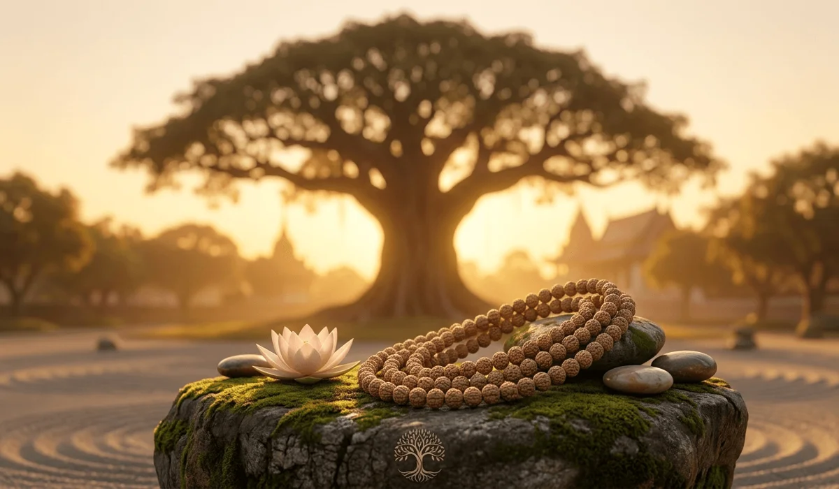Caring for Your Bodhi Seed Mala: Can You Wear It in the Shower? 1 - Buddha Bodhis Bodhi seed mala with a spiritual background symbolizing enlightenment and the Tree of Awakening.