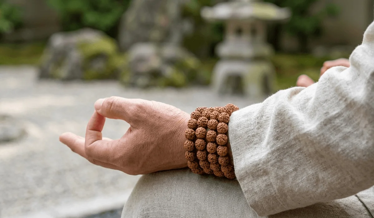 Caring for Your Bodhi Seed Mala: Can You Wear It in the Shower? 2 - Buddha Bodhis Person wearing a wrapped Bodhi seed mala on the left wrist for mindfulness and energy alignment.