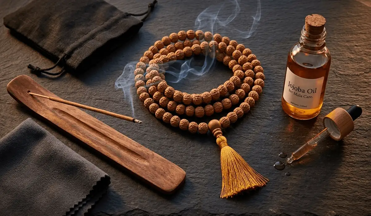 Caring for Your Bodhi Seed Mala: Can You Wear It in the Shower? 3 - Buddha Bodhis Bodhi seed mala care kit showing smoke cleansing and natural oils to avoid water damage.