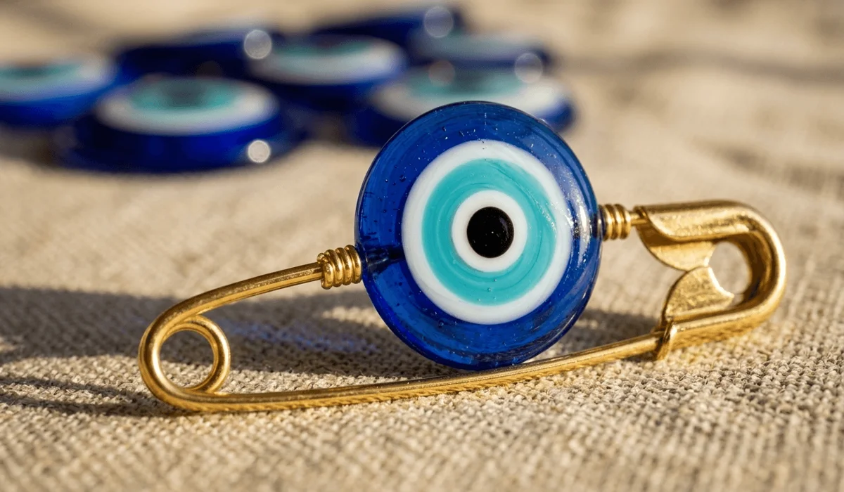 Can You Wear an Evil Eye Pin Inside Your Clothes? Rules for Hidden Protection - Buddha Bodhis A close-up of a traditional glass Evil Eye pin with blue and white concentric circles, used for spiritual protection.