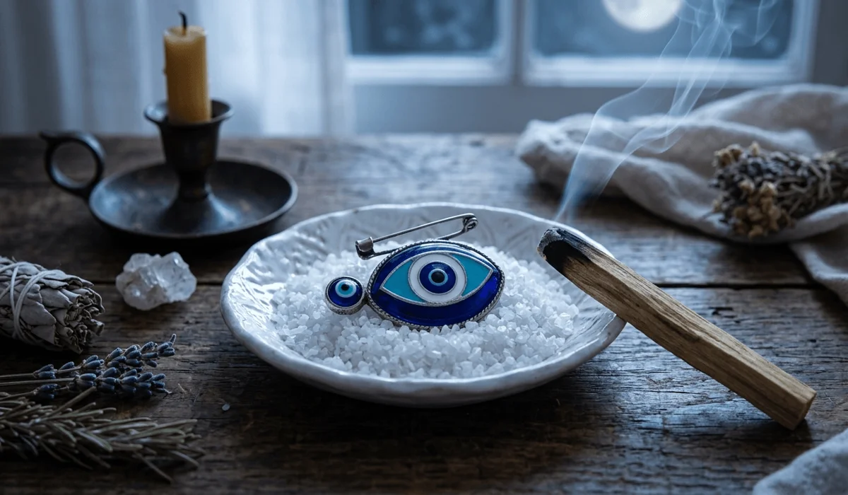 Can You Wear an Evil Eye Pin Inside Your Clothes? Rules for Hidden Protection 4 - Buddha Bodhis An Evil Eye pin being spiritually cleansed with sea salt and Palo Santo smoke to recharge its protective properties.