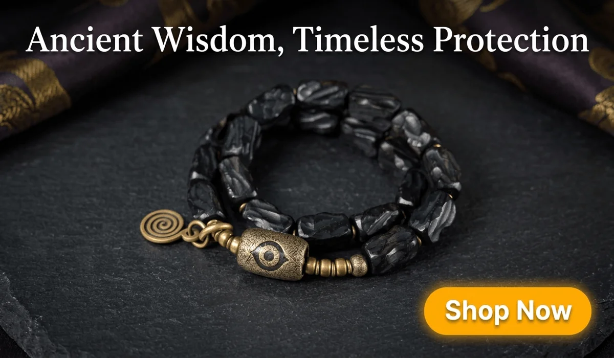 Can You Wear an Evil Eye Pin Inside Your Clothes? Rules for Hidden Protection 3 - Buddha Bodhis Hand-carved ebony evil eye protection bracelet on a rustic stone background with a Shop Now button for ancient amulet jewelry blog.