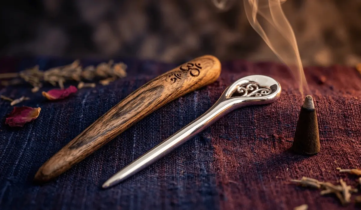 The Art of Mindful Styling: Elegant Hairstyles Using a Single Hair Stick 1 - Buddha Bodhis Sandalwood and metallic hair sticks used for Zen practice resting on silk.