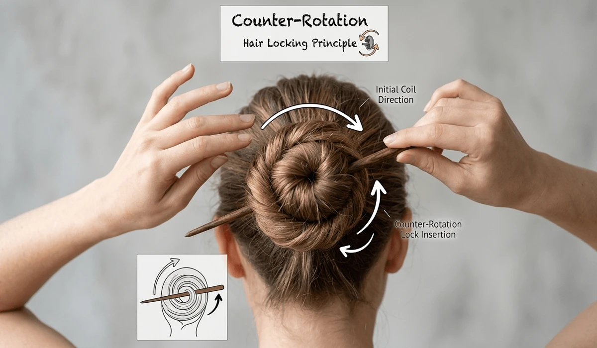 The Art of Mindful Styling: Elegant Hairstyles Using a Single Hair Stick 2 - Buddha Bodhis Step-by-step demonstration of the counter-rotation lock technique using a single hair stick.
