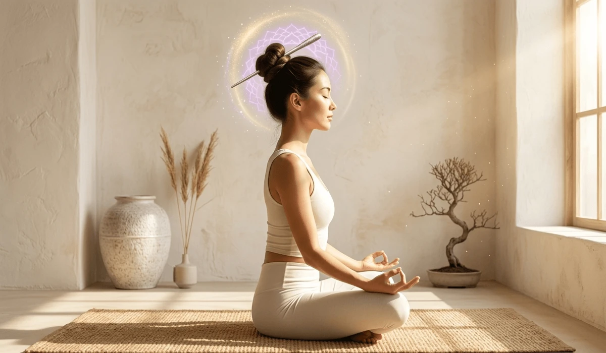 The Art of Mindful Styling: Elegant Hairstyles Using a Single Hair Stick 3 - Buddha Bodhis Meditating woman with hair bun positioned for Crown Chakra alignment using a hair stick.
