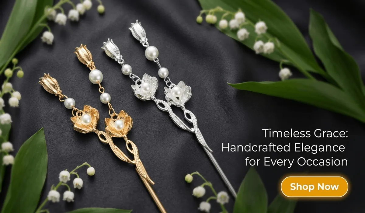The Art of Mindful Styling: Elegant Hairstyles Using a Single Hair Stick 4 - Buddha Bodhis Handcrafted Lily of the Valley Metal Hairpins in Gold and Silver with Pearls - Elegant Floral Hair Stick for Wedding and Daily Grace