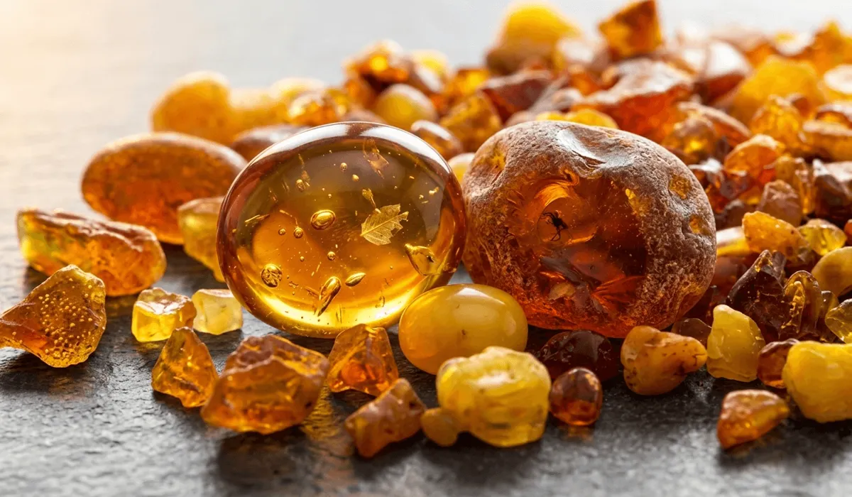How to Identify Real Baltic Amber: A Guide to Spotting Plastic Imitations - Buddha Bodhis Collection of authentic Baltic amber pieces in various colors showing natural organic inclusions and a soft resinous glow.