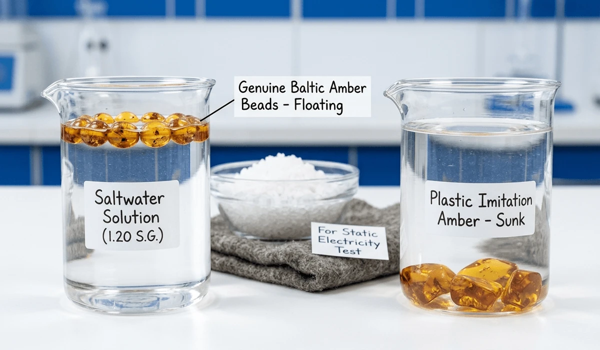 How to Identify Real Baltic Amber: A Guide to Spotting Plastic Imitations 3 - Buddha Bodhis Comparison showing the saltwater buoyancy test where real Baltic amber floats and plastic imitations sink.