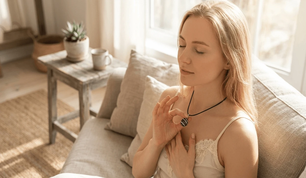 Amethyst Pendant Benefits for Anxiety and Peace 2 - Buddha Bodhis A woman wearing an amethyst pendant for anxiety relief, holding the stone to receive its calming vibrations and natural tranquility.