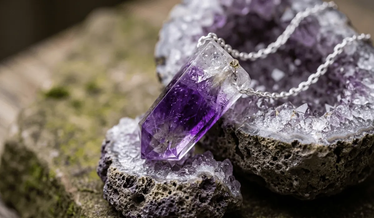 Amethyst Pendant Benefits for Anxiety and Peace - Buddha Bodhis A close-up shot of a faceted amethyst pendant on a silver chain, symbolizing the beauty and natural origin of the quartz family gemstone.