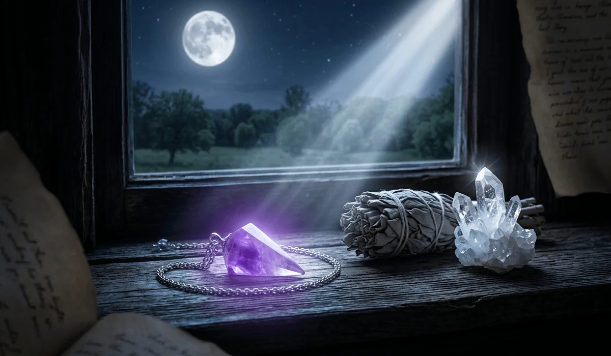 Amethyst Pendant Benefits for Anxiety and Peace 4 - Buddha Bodhis An amethyst pendant being charged under full moonlight next to sage, illustrating how to cleanse and revitalize gemstone jewelry for spiritual use.