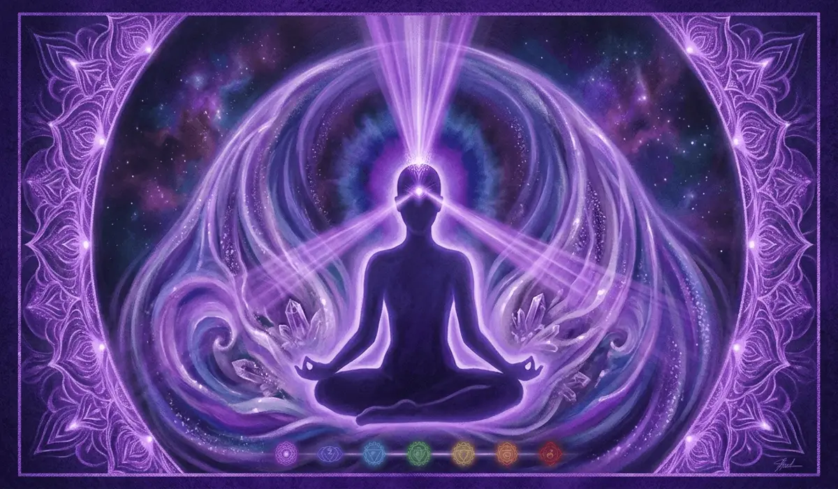 Amethyst Pendant Benefits for Anxiety and Peace 1 - Buddha Bodhis Digital art depicting the activation of the crown chakra and third eye through the spiritual meaning and purple ray of amethyst.