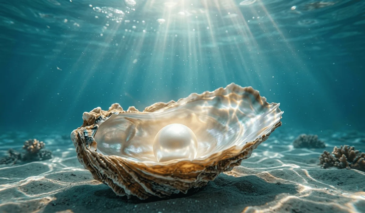 The Spiritual Meaning and Healing Benefits of Wearing Pearls for Women - Buddha Bodhis A glowing white pearl inside an iridescent oyster shell underwater with ethereal sunlight, symbolizing spiritual transformation and divine feminine energy.