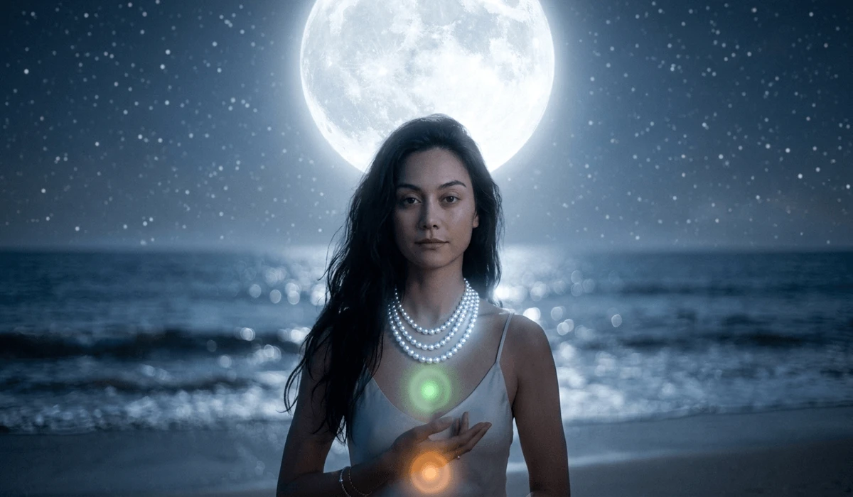 The Spiritual Meaning and Healing Benefits of Wearing Pearls for Women 1 - Buddha Bodhis A woman wearing a pearl necklace under a full moon on a beach, representing the connection between pearls, lunar energy, and chakra healing.