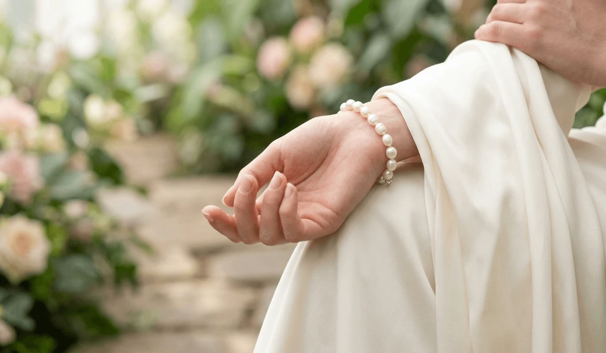 The Spiritual Meaning and Healing Benefits of Wearing Pearls for Women 2 - Buddha Bodhis Close-up of a woman's left hand wearing a pearl bracelet for emotional balance and spiritual receiving.
