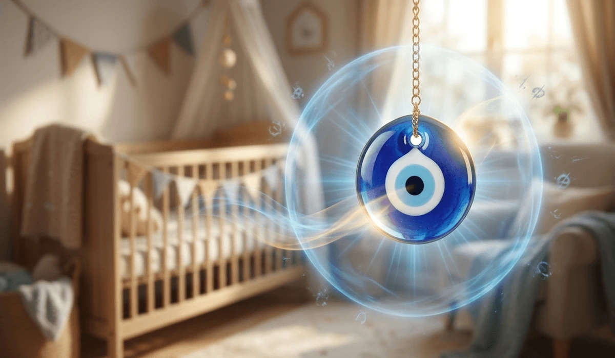 The Spiritual Meaning and Protection of Evil Eye Baby Pins 1 - Buddha Bodhis Symbolic representation of an evil eye bead creating a protective spiritual shield in a nursery.