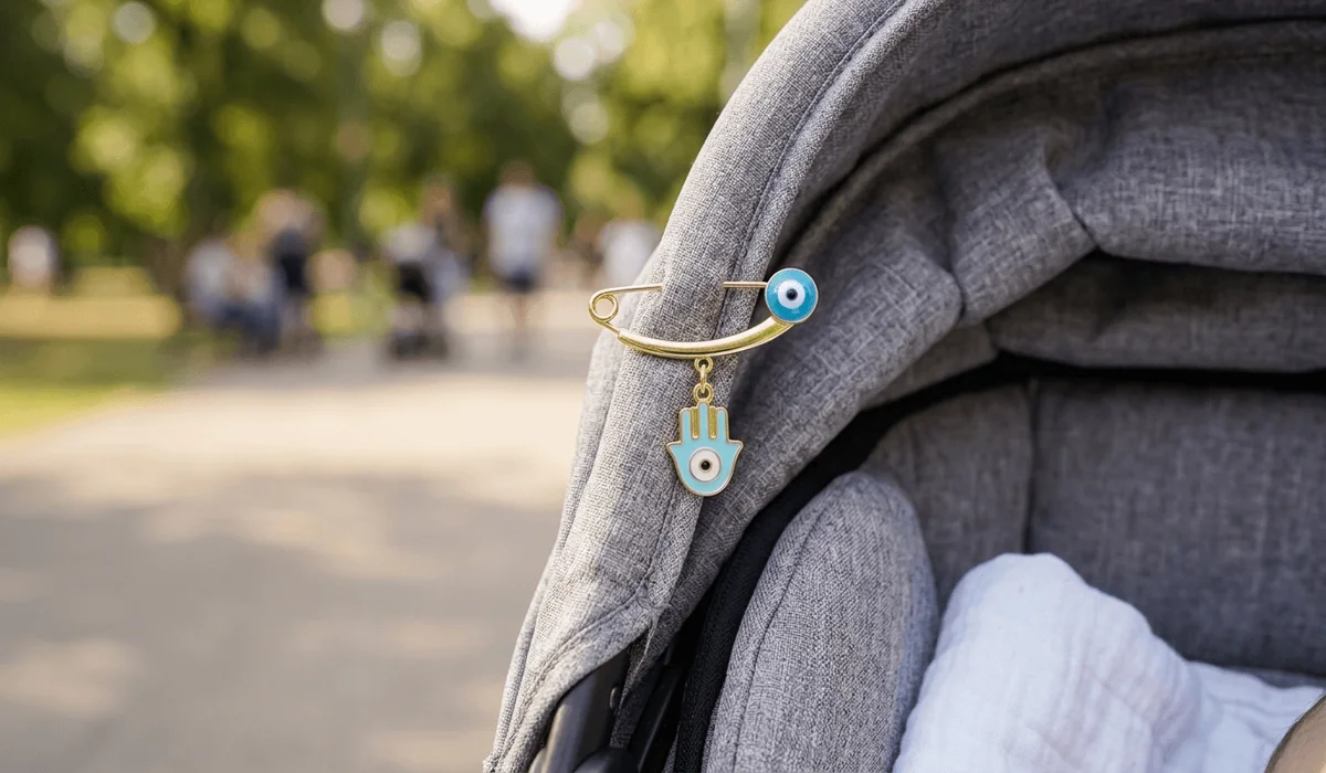 The Spiritual Meaning and Protection of Evil Eye Baby Pins 3 - Buddha Bodhis An evil eye protection pin securely attached to the interior fabric of a baby stroller for safety.