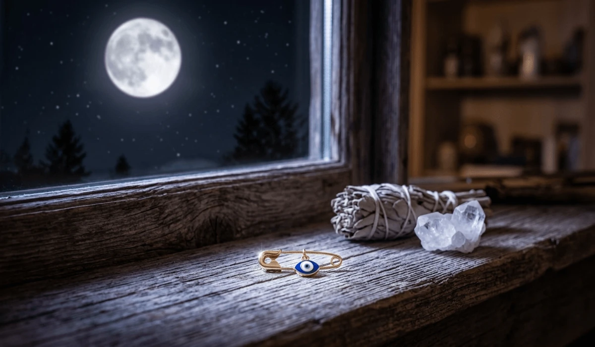 The Spiritual Meaning and Protection of Evil Eye Baby Pins 4 - Buddha Bodhis An evil eye baby pin being cleansed and charged under the moonlight on a windowsill with sage.