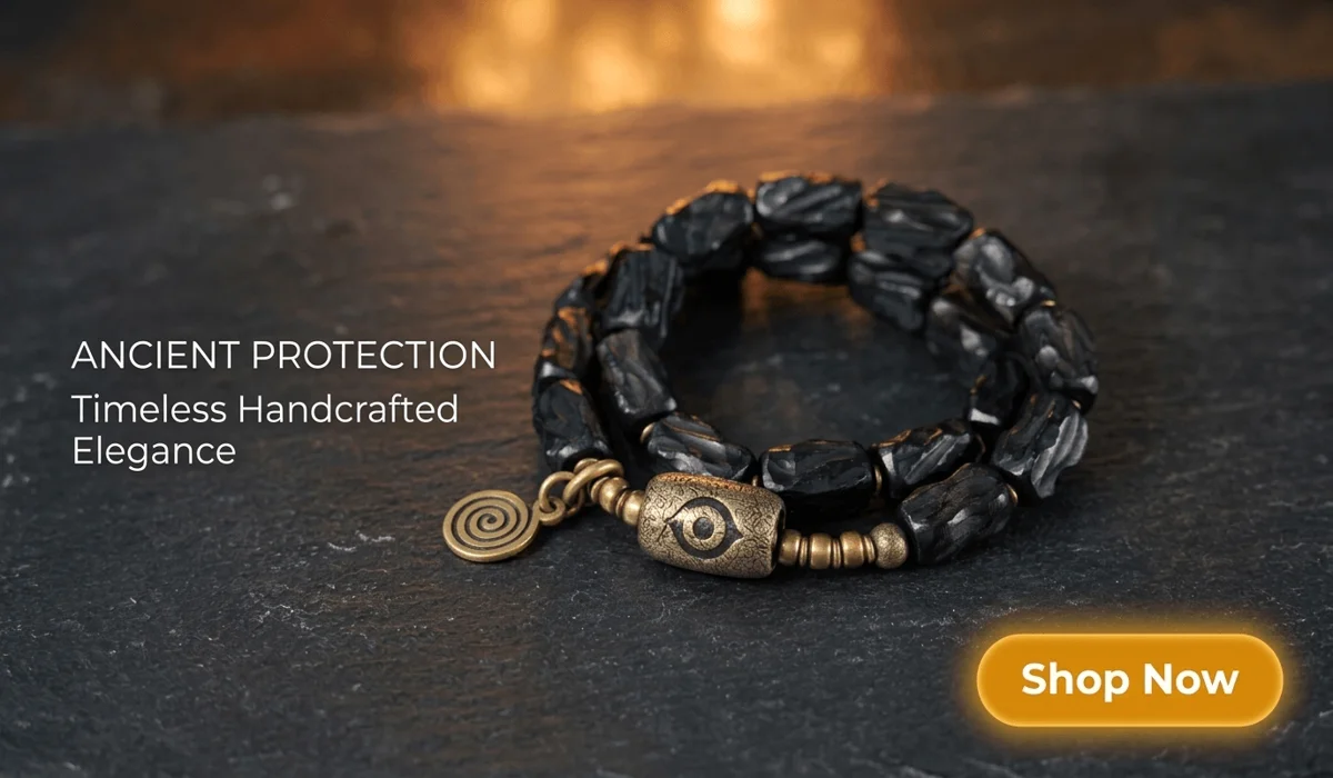 The Spiritual Meaning and Protection of Evil Eye Baby Pins 2 - Buddha Bodhis Hand-carved Ebony Evil Eye Bracelet with bronze ancient protection amulet charms on a dark luxury background - Shop Now