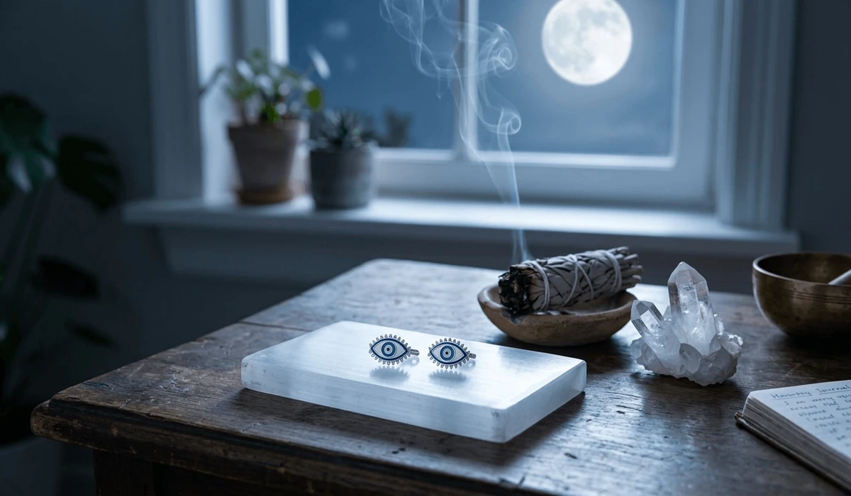 The Guide to Evil Eye Earrings: Meaning and Spiritual Protection 4 - Buddha Bodhis Evil eye earrings being cleansed with sage smoke and charged on a selenite plate under moonlight.