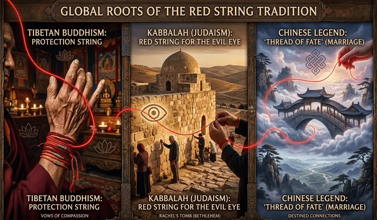 The Spiritual Meaning and Benefits of the 7 Knot Red String Belly Chain 1 - Buddha Bodhis A conceptual illustration showing the cultural origins of the red string in Buddhism and Kabbalah, symbolizing the universal thread of fate.