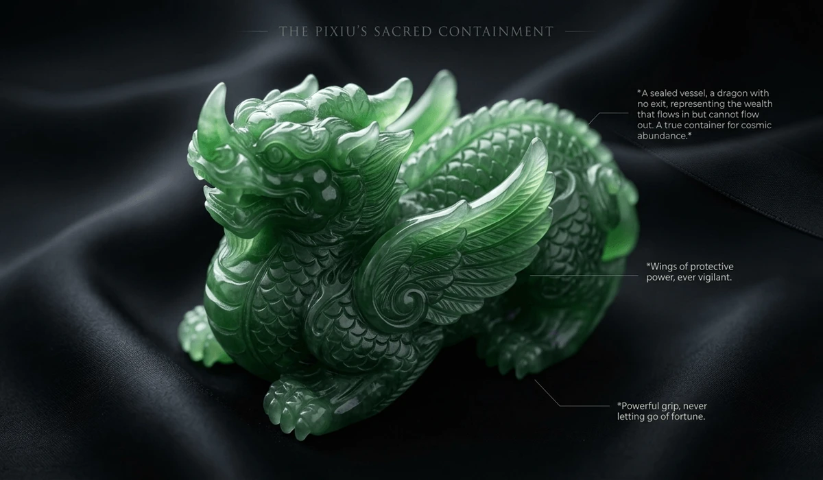 The Complete Guide to Pixiu: Meaning, History, and Feng Shui Rules 1 - Buddha Bodhis Detailed close-up of a carved jade Pixiu highlighting its dragon-lion anatomy and the symbolic 'sealed bottom' for wealth preservation.