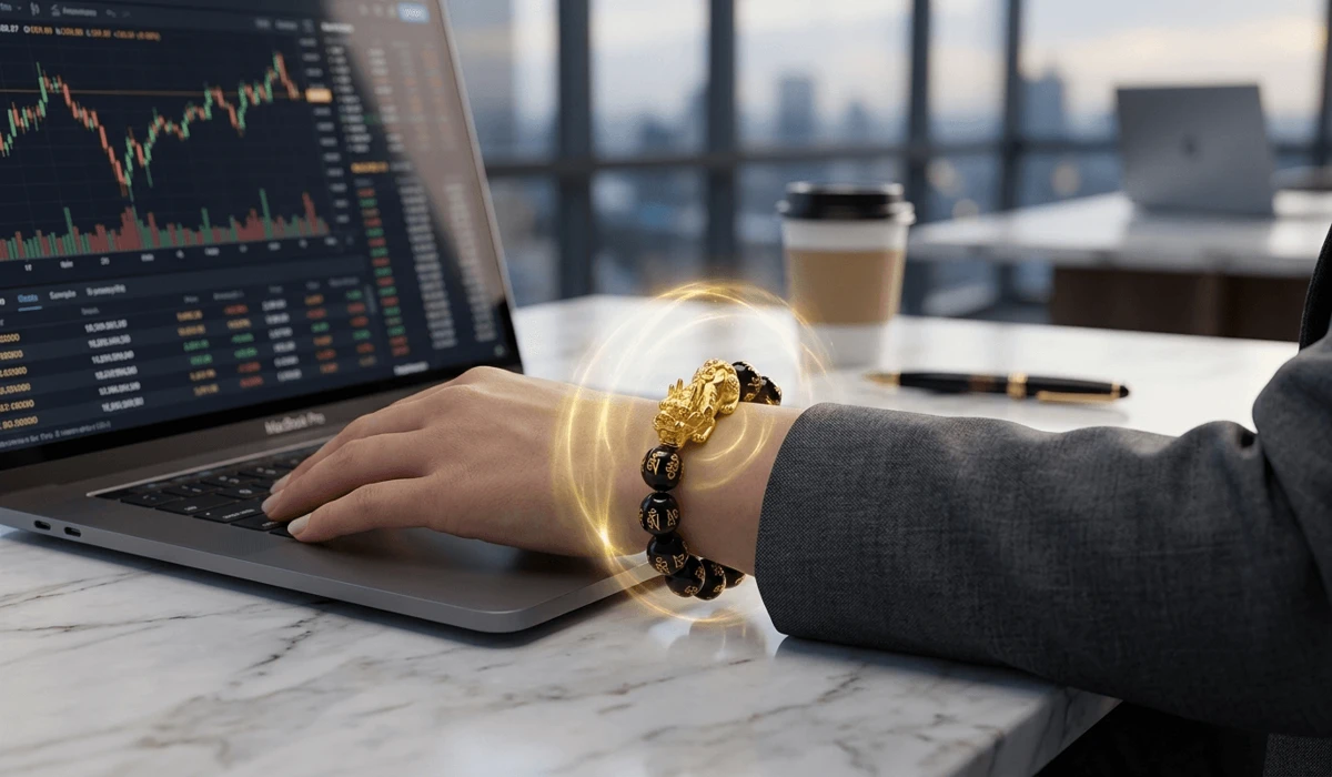 The Complete Guide to Pixiu: Meaning, History, and Feng Shui Rules 3 - Buddha Bodhis A black obsidian Pixiu bracelet worn by a professional in a modern office setting, representing spiritual protection and financial abundance in the digital age.