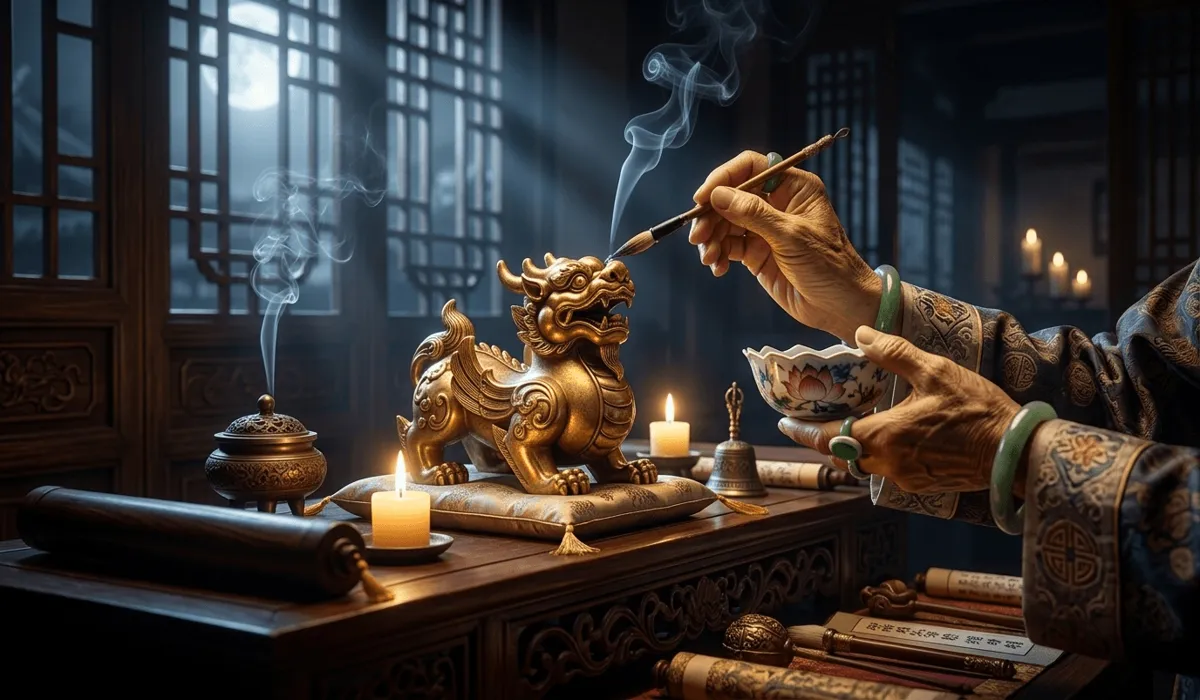 The Complete Guide to Pixiu: Meaning, History, and Feng Shui Rules 4 - Buddha Bodhis A spiritual ritual showing a Pixiu being activated with water and moonlight on a traditional altar to enhance its Feng Shui energy.