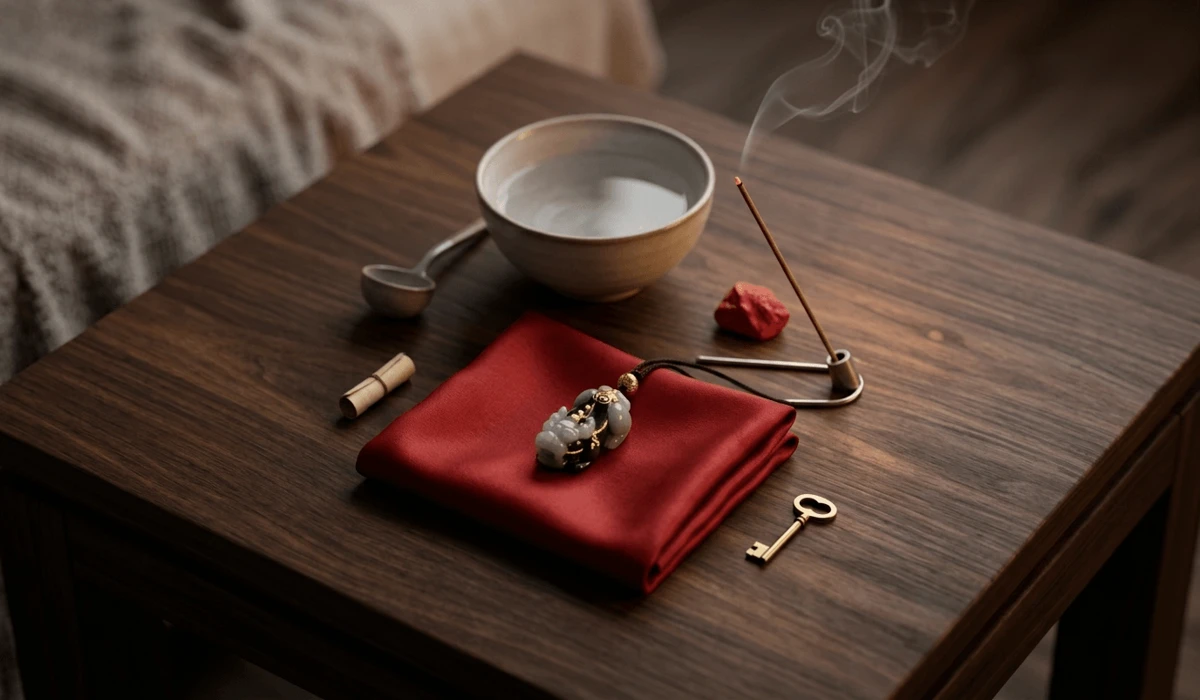 How to Wear a Pixiu Pendant: Essential Feng Shui Rules for Wealth and Protection 1 - Buddha Bodhis Essential tools for the Pixiu activation ritual including cleansing water, incense, and red ink.