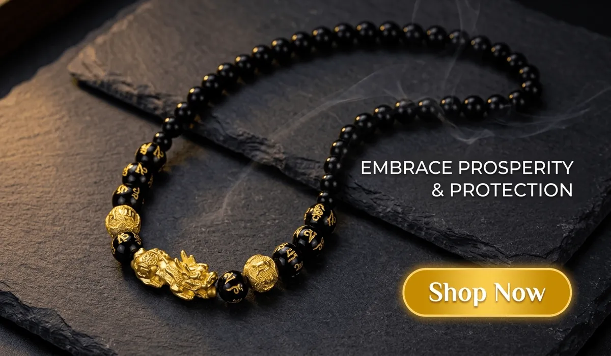 How to Wear a Pixiu Pendant: Essential Feng Shui Rules for Wealth and Protection 3 - Buddha Bodhis Natural Black Obsidian Pixiu Necklace for wealth and protection featuring Om Mani Padme Hum mantra beads on a luxury Zen background