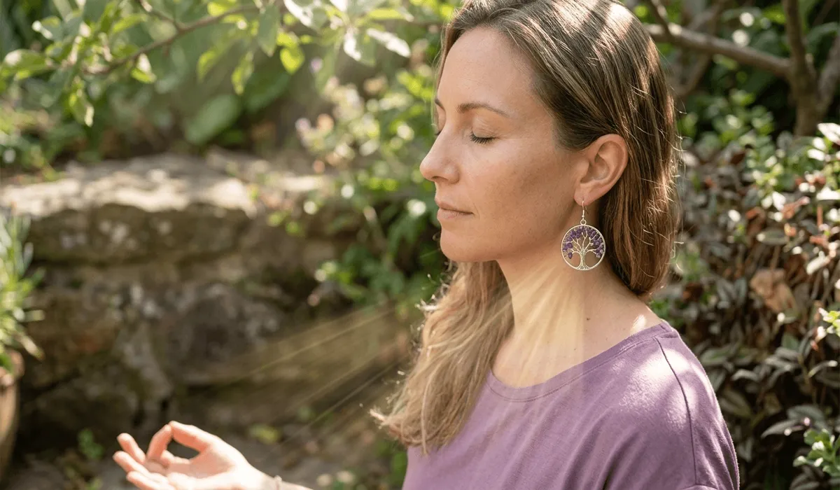 The Meaning of Tree of Life Earrings: Symbolism of Wisdom and Growth 3 - Buddha Bodhis A woman meditating while wearing Tree of Life earrings with amethyst, symbolizing personal growth, stability, and spiritual mindfulness.