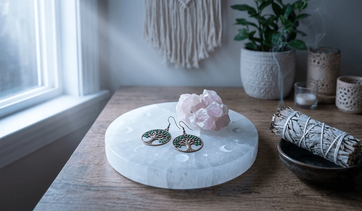 The Meaning of Tree of Life Earrings: Symbolism of Wisdom and Growth 4 - Buddha Bodhis Tree of Life earrings being cleansed on a selenite plate with rose quartz and sage under moonlight to recharge spiritual energy.