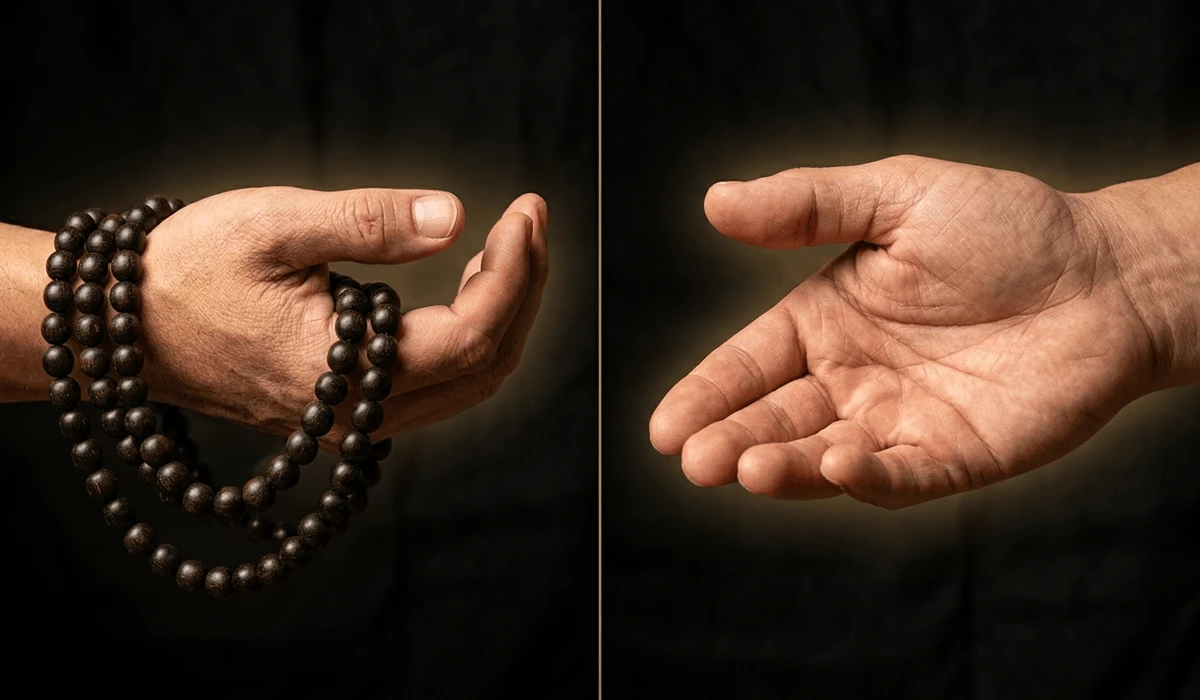 The Spiritual Significance of a Broken Mala: Understanding the Message Behind Your Wood Beads 2 - Buddha Bodhis Close-up of wood mala beads worn on the left and right hands to illustrate receiving healing energy and projecting spiritual intentions.