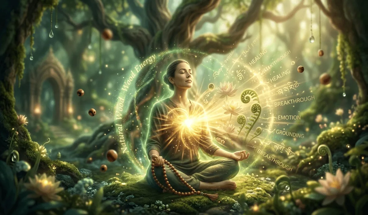 The Spiritual Significance of a Broken Mala: Understanding the Message Behind Your Wood Beads 1 - Buddha Bodhis Spiritual breakthrough symbolism showing golden energy radiating from a practitioner's heart as their wood mala beads break during meditation.