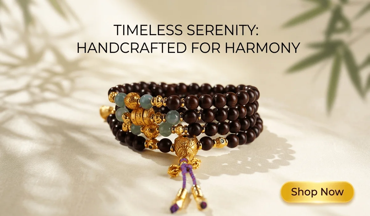 The Spiritual Significance of a Broken Mala: Understanding the Message Behind Your Wood Beads 3 - Buddha Bodhis High-end blog illustration of a handcrafted natural red sandalwood and jadeite multi-wrap bracelet with a 'Shop Now' button and elegant descriptive text.