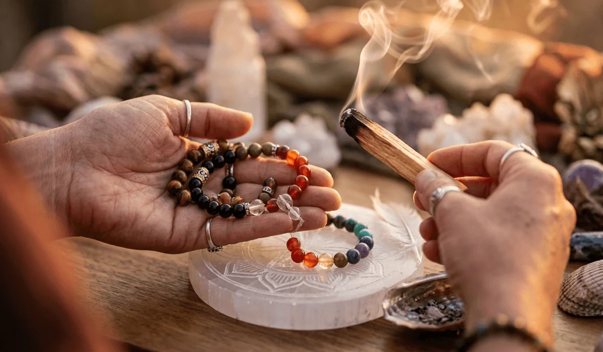 The Spiritual Meaning of a Broken Bracelet: Is It a Bad Omen or a Hidden Message? 3 - Buddha Bodhis A spiritual cleansing ritual for broken bracelet beads using palo santo smoke and a selenite charging plate.