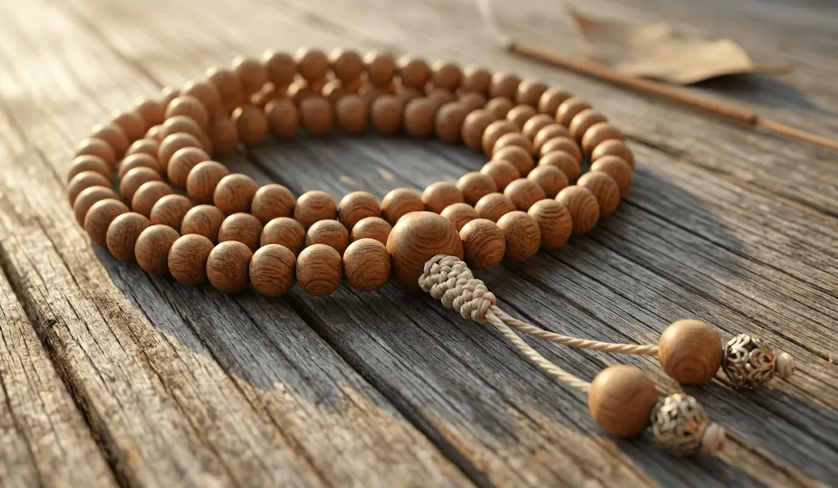 The Spiritual Significance and Benefits of Wearing Wooden Prayer Beads - Buddha Bodhis A traditional 108-count sandalwood mala with a Guru bead and tassel, illustrating the definition and sacred material properties of wooden prayer beads.