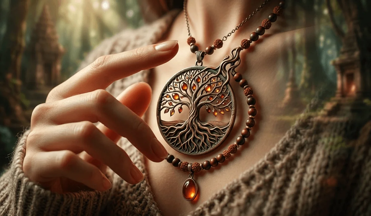 The Spiritual Significance and Benefits of Wearing Wooden Prayer Beads 1 - Buddha Bodhis Symbolic representation of the Tree of Life merging with wooden beads, illustrating spiritual growth and the connection to natural grounding energy.