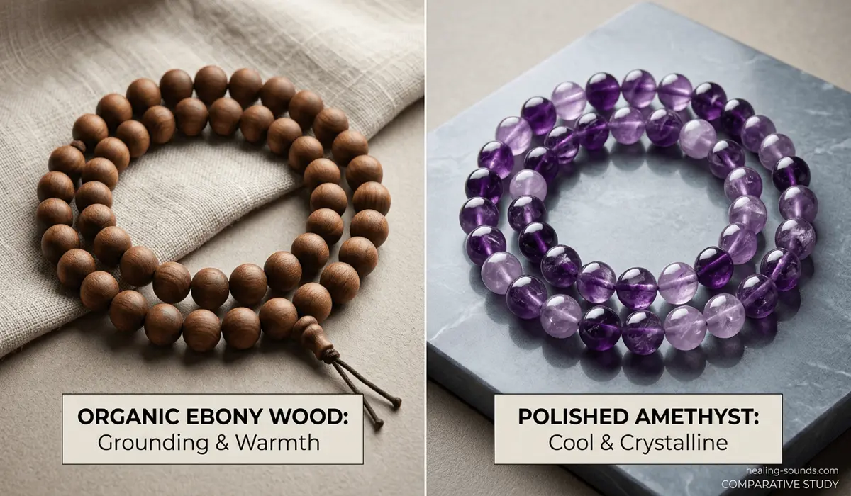 The Spiritual Significance and Benefits of Wearing Wooden Prayer Beads 4 - Buddha Bodhis Comparison between wooden prayer beads and gemstone mala beads, highlighting the differences in texture and energy profile.