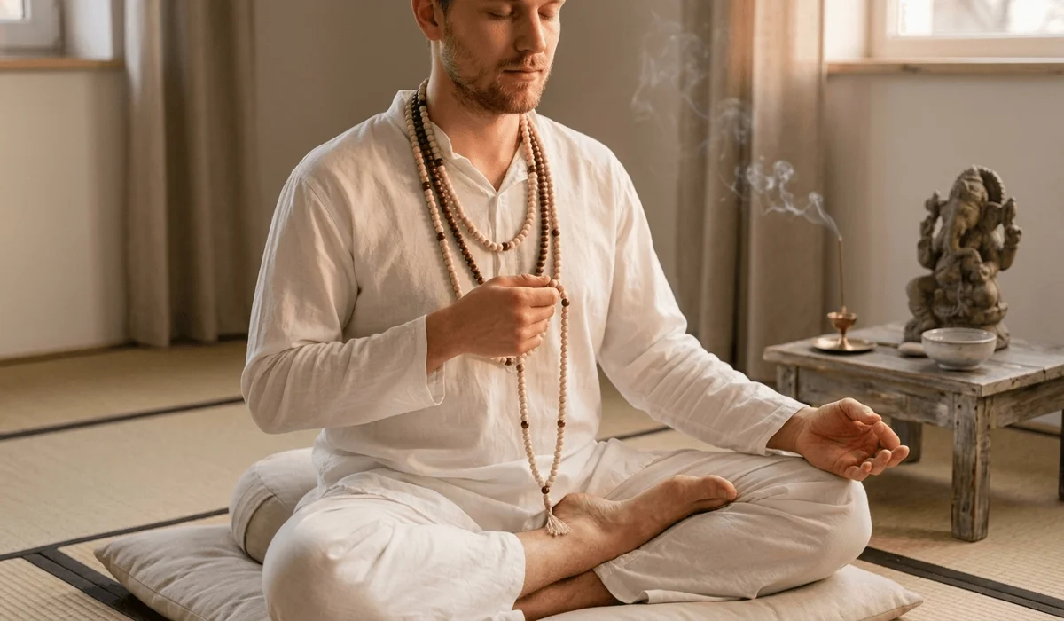 The Spiritual Significance and Benefits of Wearing Wooden Prayer Beads 2 - Buddha Bodhis A person practicing tactile meditation with wooden prayer beads to enhance mindfulness and mental clarity.