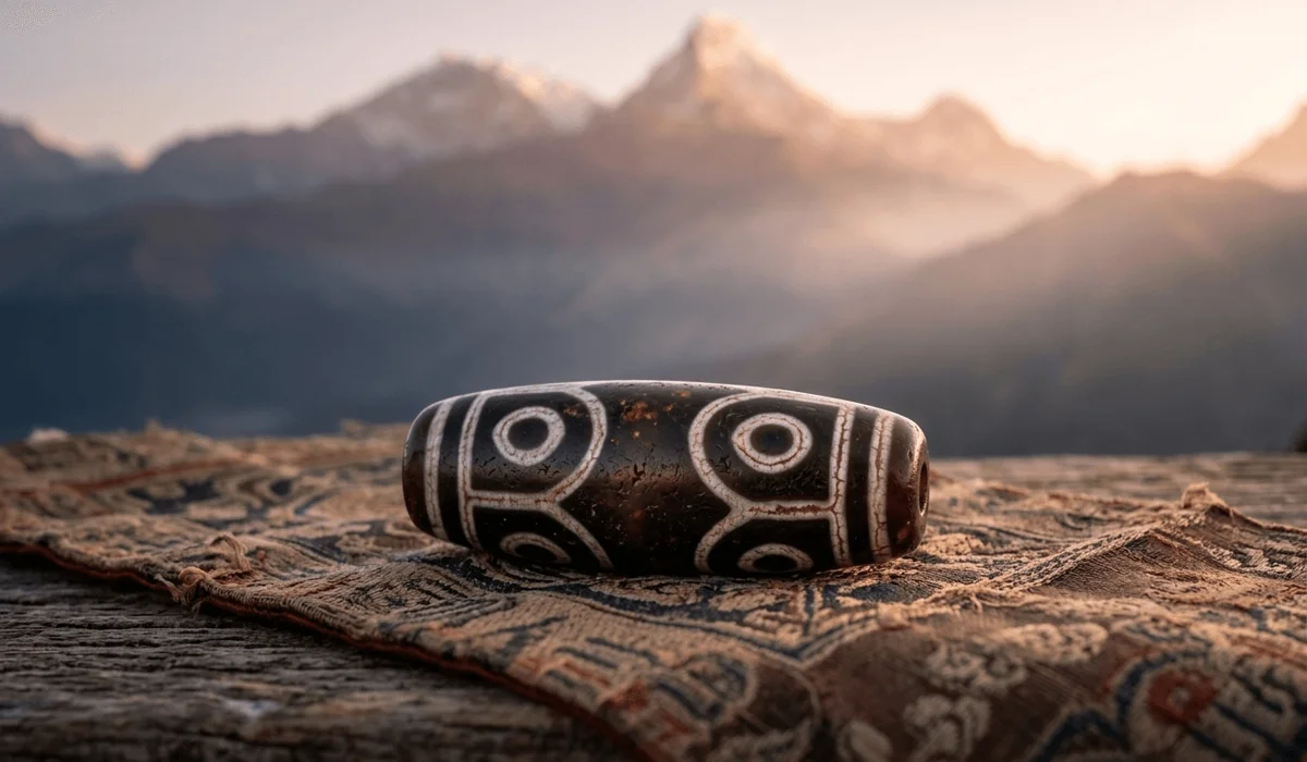 The Spiritual Power and Daily Benefits of Wearing Tibetan Dzi Beads - Buddha Bodhis Authentic Tibetan Dzi bead with eye patterns resting on silk against a Himalayan landscape background.