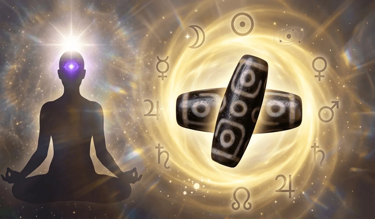 The Spiritual Power and Daily Benefits of Wearing Tibetan Dzi Beads 1 - Buddha Bodhis 9-eyed Dzi bead spiritual symbolism showing chakra alignment and planetary protection.