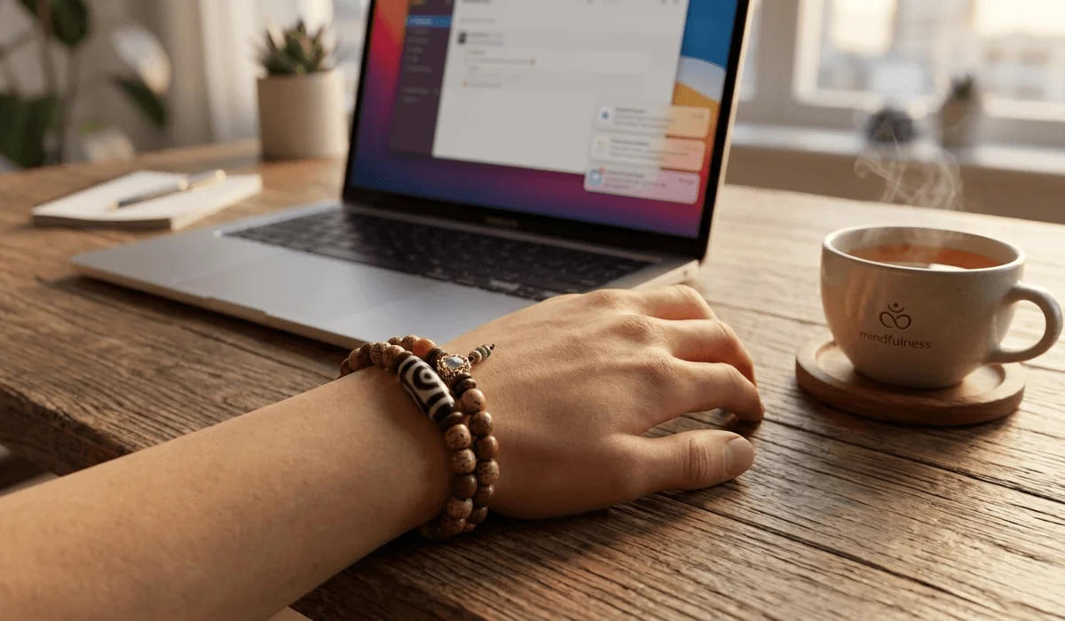 The Spiritual Power and Daily Benefits of Wearing Tibetan Dzi Beads 3 - Buddha Bodhis Daily wear of Tibetan Dzi bead bracelet on the left hand for mindfulness and energy protection at work.