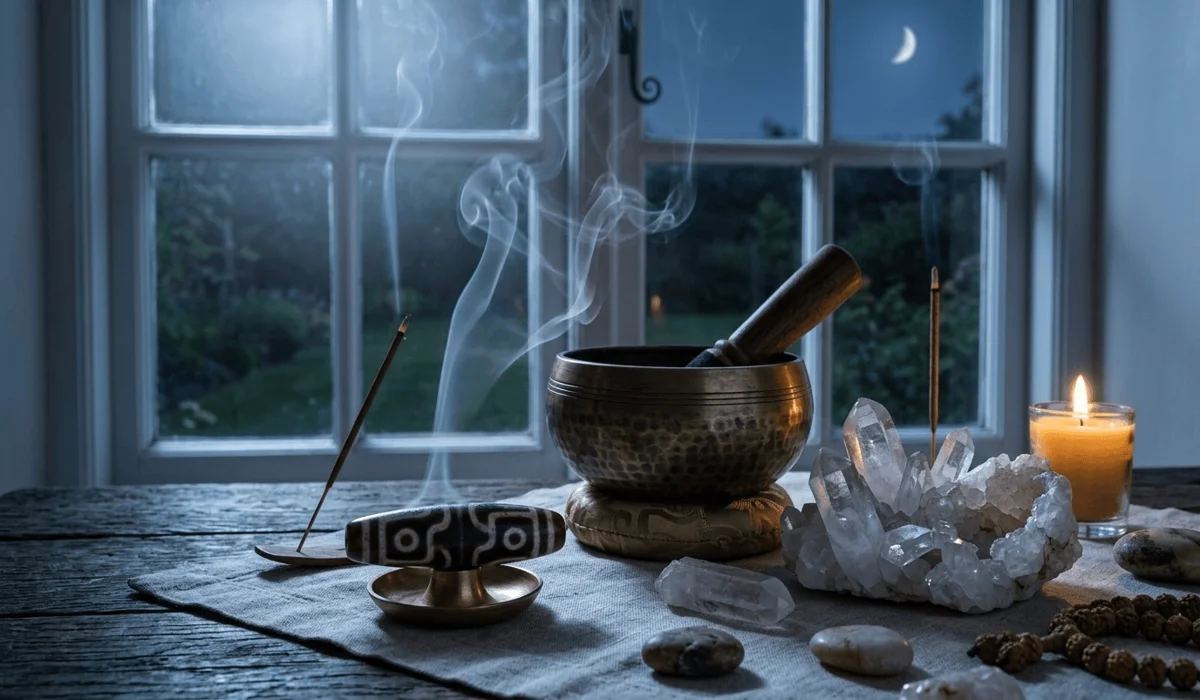 The Spiritual Power and Daily Benefits of Wearing Tibetan Dzi Beads 4 - Buddha Bodhis Dzi bead energy cleansing ritual using incense smoke, singing bowls, and quartz crystals.