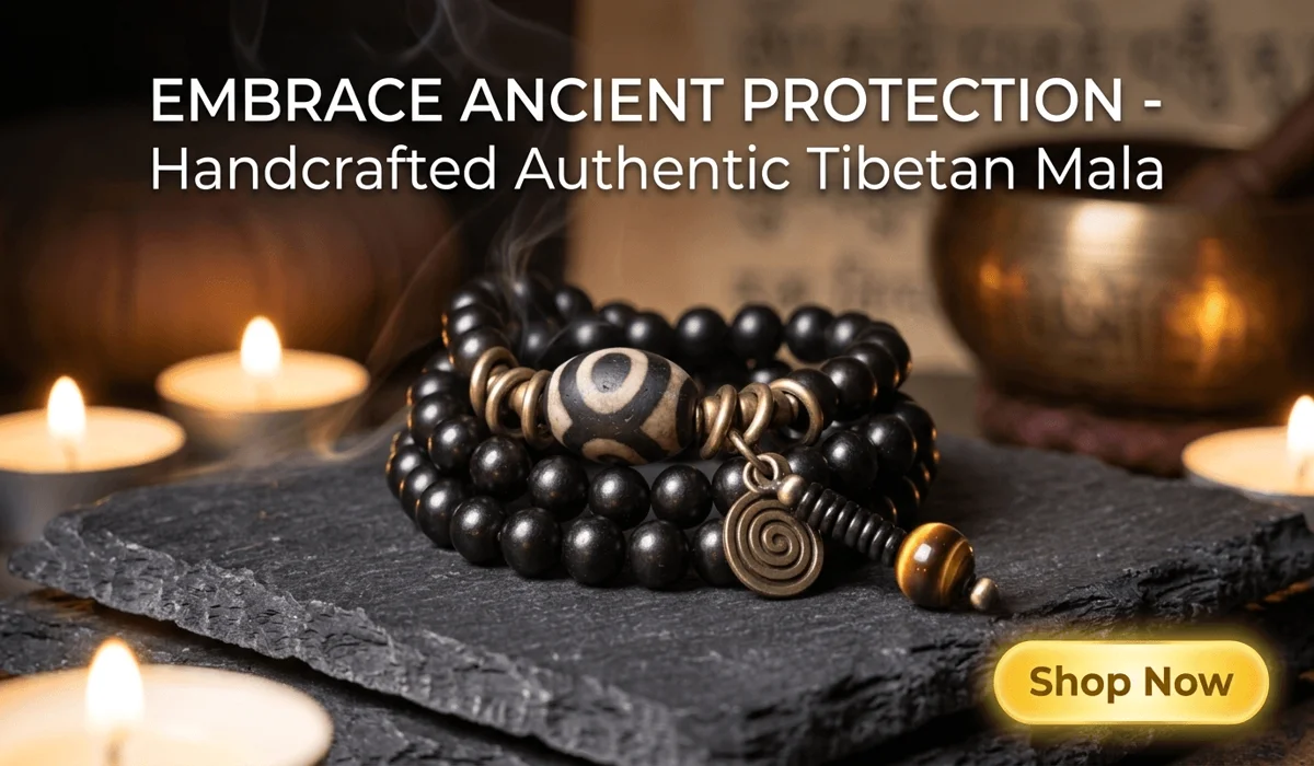The Spiritual Power and Daily Benefits of Wearing Tibetan Dzi Beads 2 - Buddha Bodhis Authentic Three-Eyed Dzi Bead Bracelet Tibetan Protection Mala with black beads and bronze accents on a Zen-style background for spiritual wellness and meditation.
