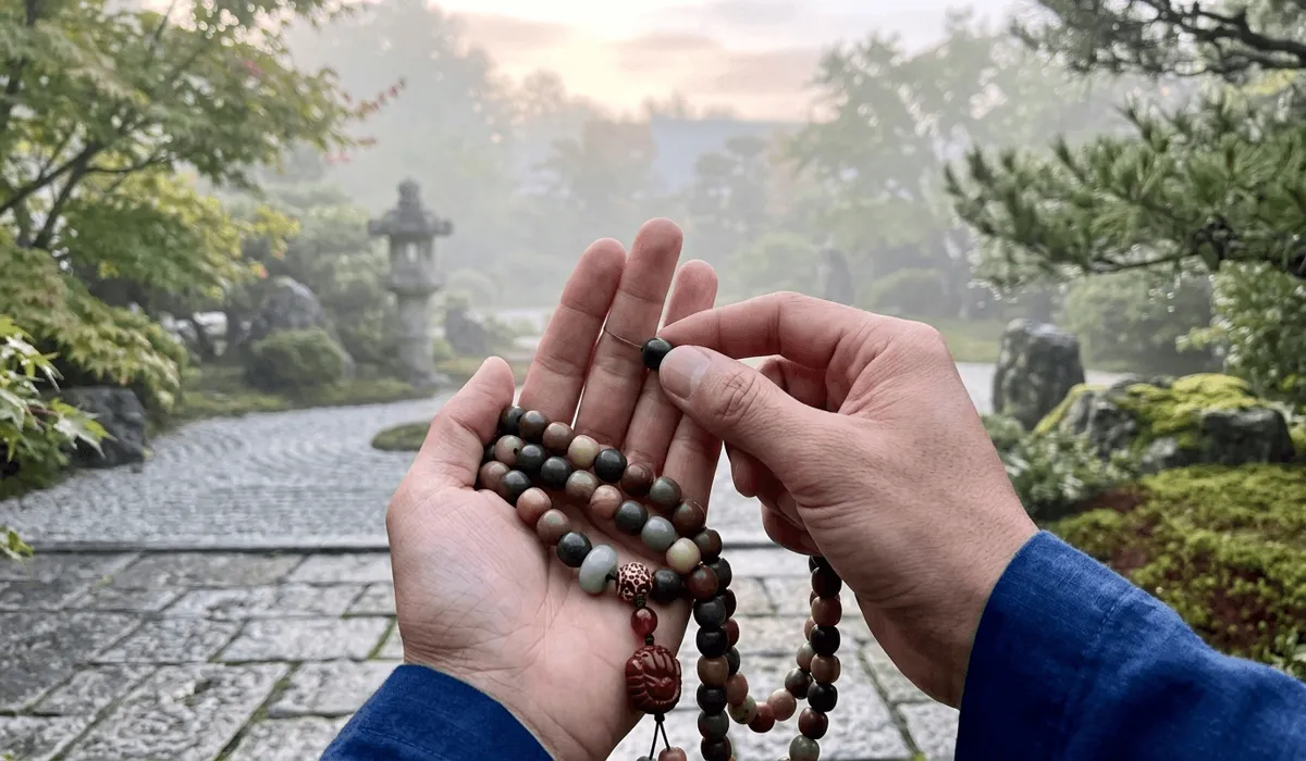 The Spiritual Significance and Benefits of Meditating with Bodhi Seed Malas 3 - Buddha Bodhis A person's hands using a Bodhi seed mala for mantra recitation during meditation in a peaceful outdoor setting.