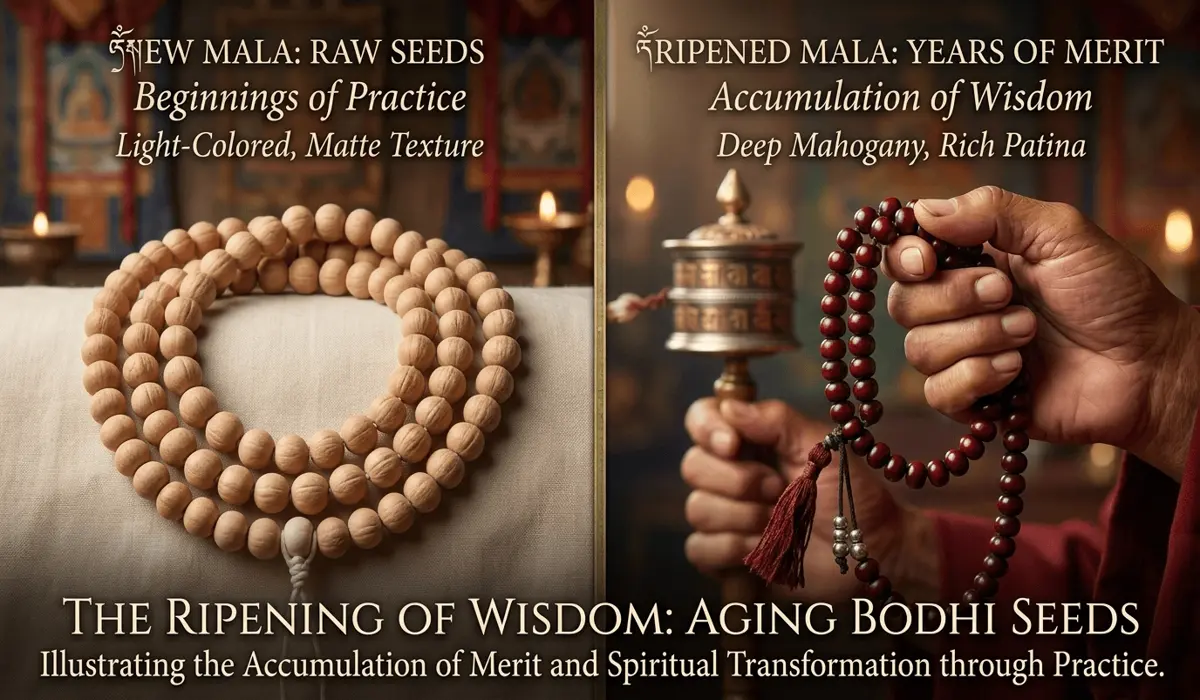 The Spiritual Significance and Benefits of Meditating with Bodhi Seed Malas 4 - Buddha Bodhis Visual comparison showing the aging of Bodhi seeds from raw light color to a deep, dark polished patina through years of meditation.