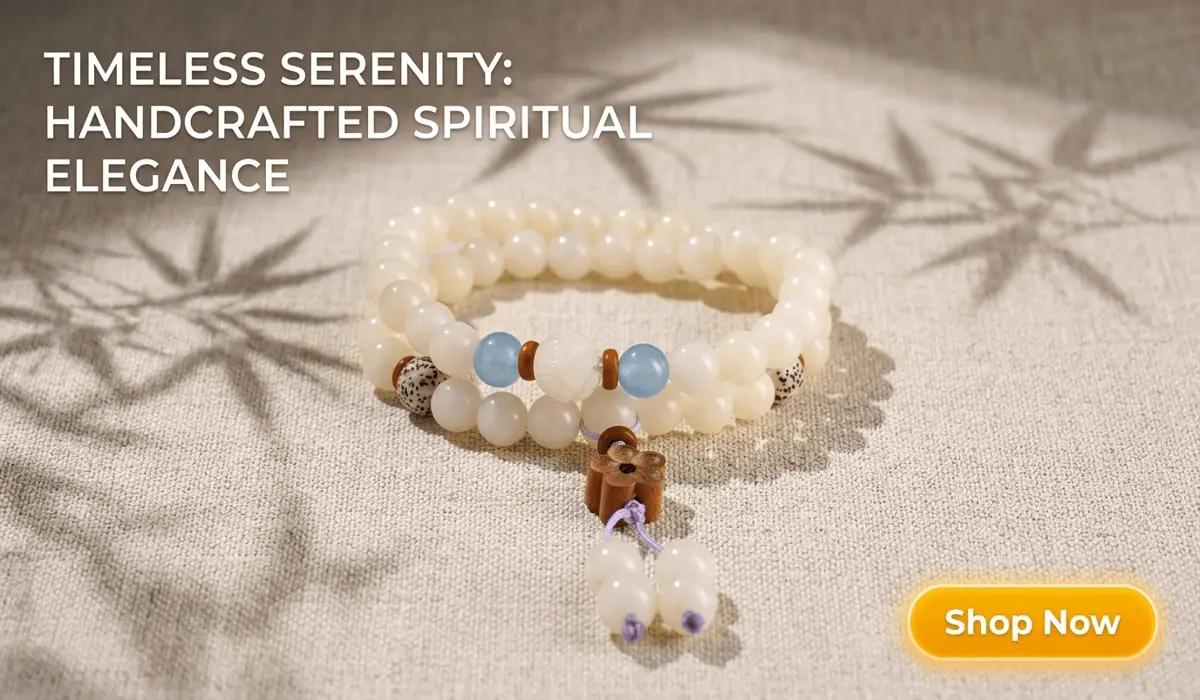 The Spiritual Significance and Benefits of Meditating with Bodhi Seed Malas 2 - Buddha Bodhis Handcrafted White Bodhi Seed Double-Wrap Bracelet with Blue Chalcedony Amulet in a Zen-inspired professional product setting for SEO blog